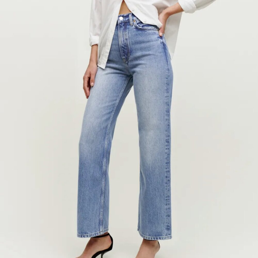 REFORMATION Wilder High Rise Wide Leg Cropped Jeans in "Dillon" wash